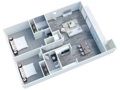 Floor plan for 2 beds, 2 baths, 895 sqft
